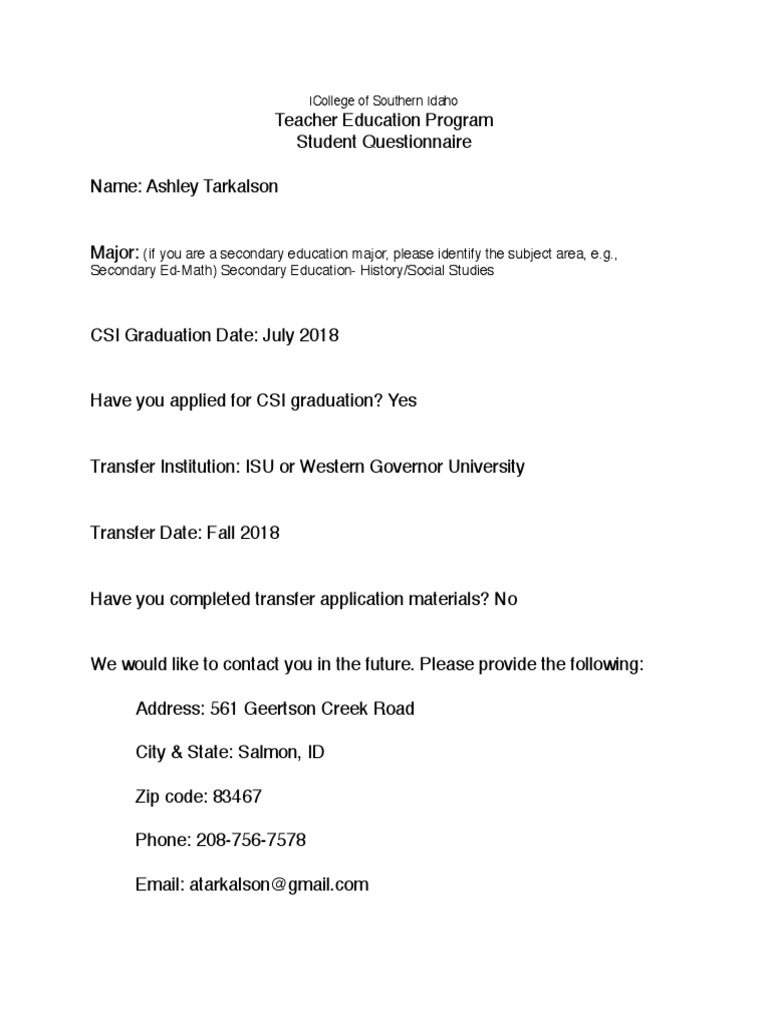Teacher Education Program Questionnaire | PDF