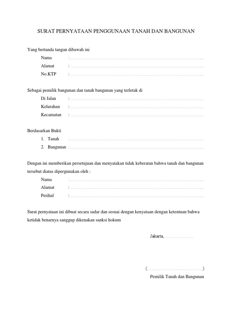 Surat Pernyataan Penggunaan Tanah Dan Bangunan Pdf