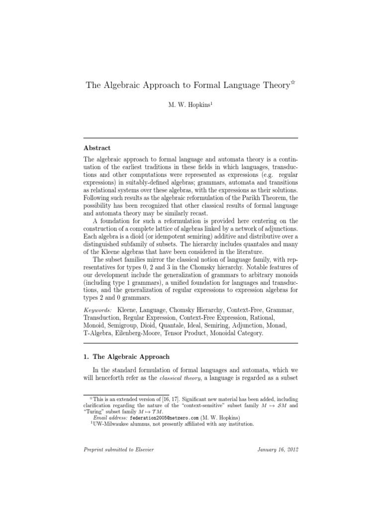 The Algebraic Approach To Formal Language and Automata Theory | PDF |  Mathematical Structures | Mathematical Concepts