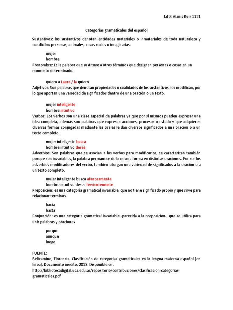 Categorias Gramaticales Del Espanol Pdf