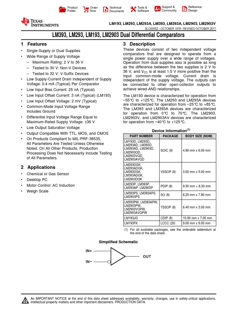 LM393, LM293, LM193, LM2903 Dual Differential Comparators: 1 Features 3 ...