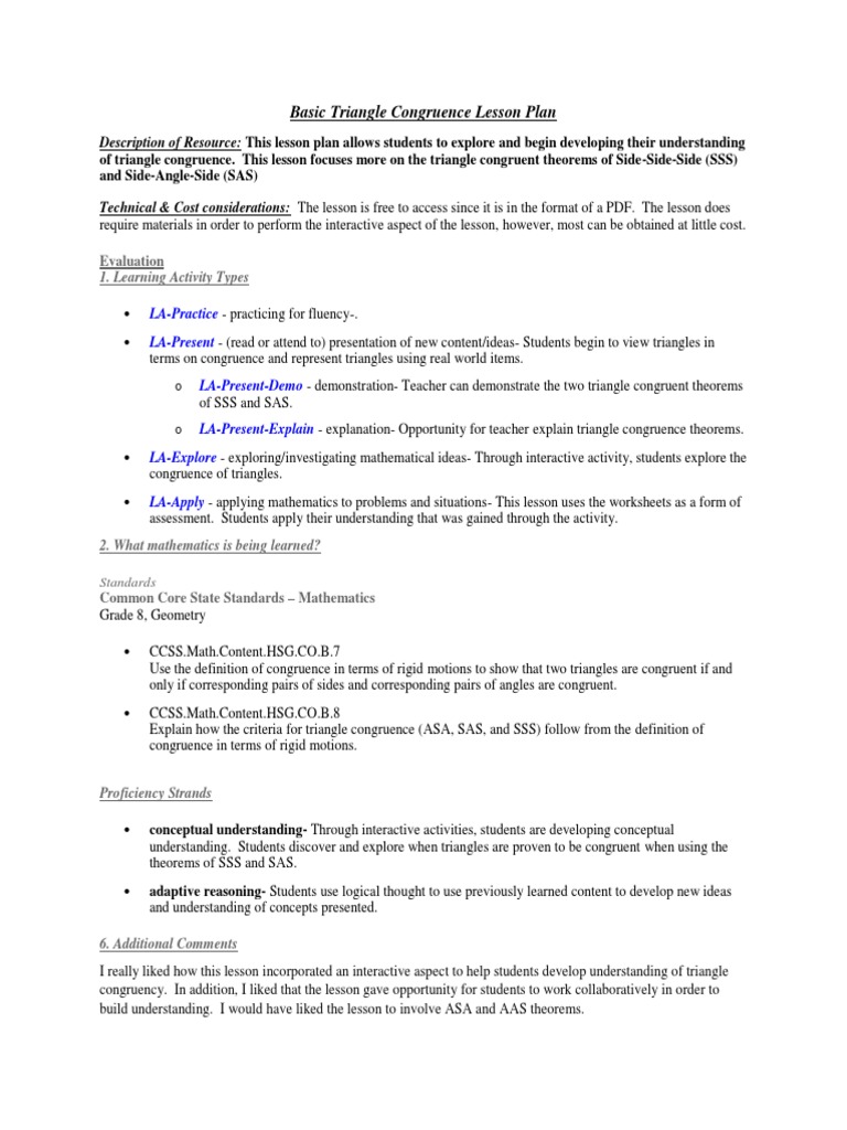 Basic Triangle Congruence Lesson Plan PDF Teaching Education Theory