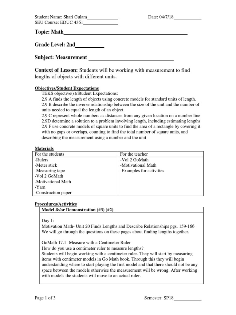 Measurement Math Lesson Plan April 9-13 | PDF | Measurement | Teaching ...