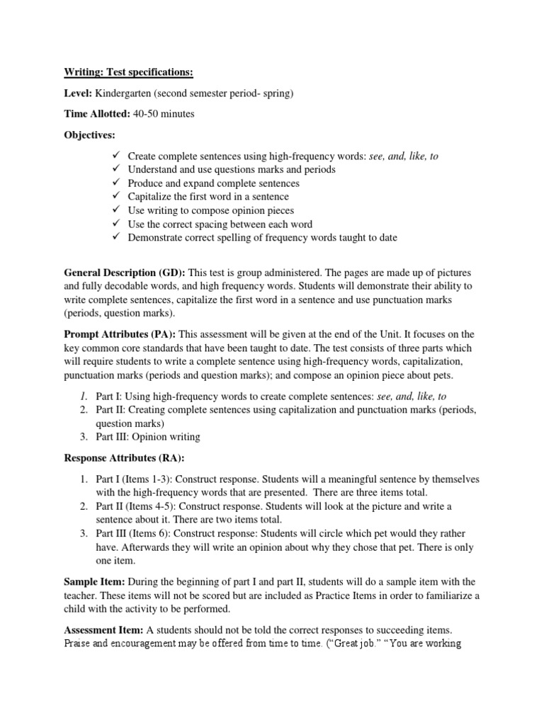 Kindergarten Writing Test Specifications | PDF | Question | Sentence ...