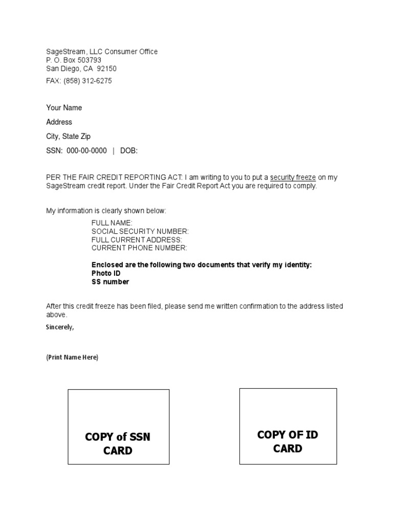 054 C SageStream FREEZE Letter Social Security Number Identity