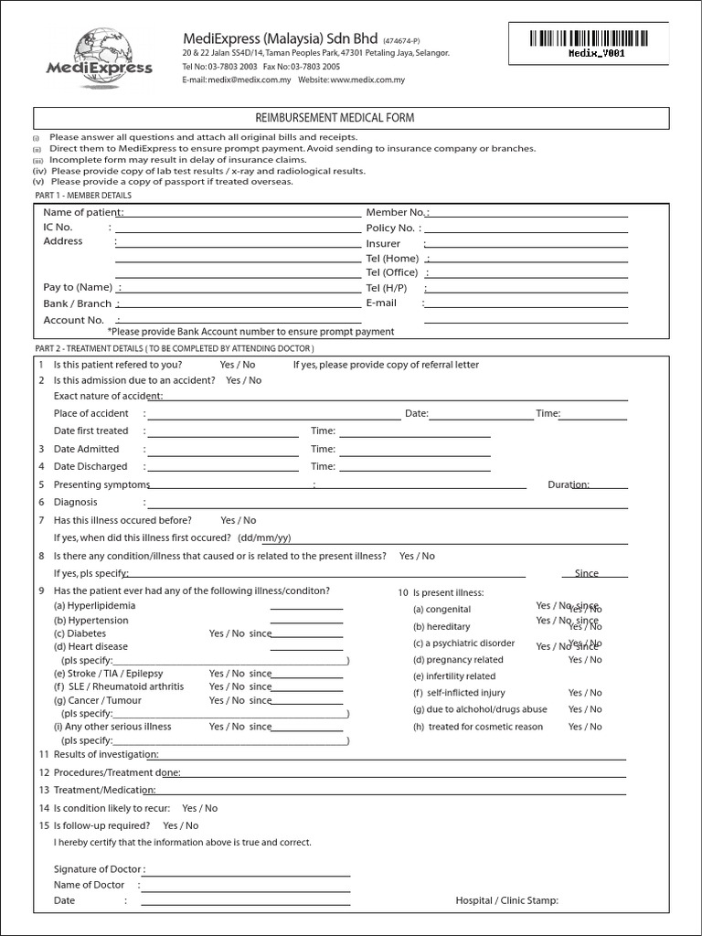 Reimbursement Medical Form New PDF Clinic Insurance