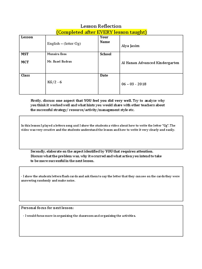 Lesson Reflection: Teaching Letter Gg | PDF