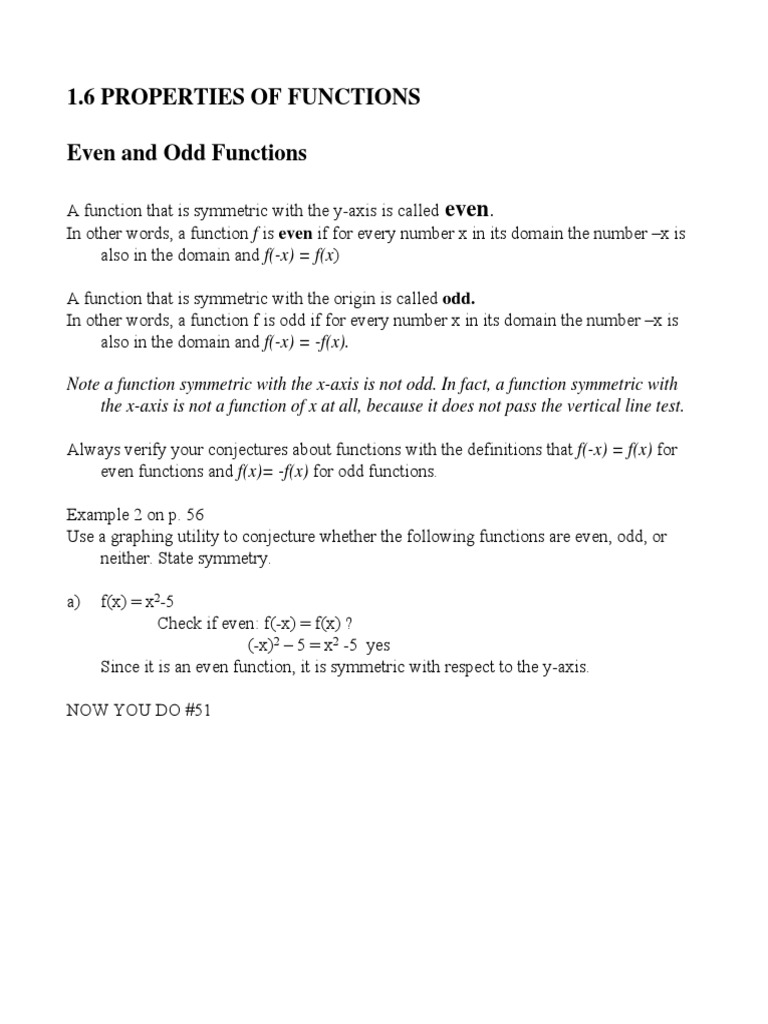 1.6 Properties of Functions Even and Odd Functions Even | PDF | Maxima ...