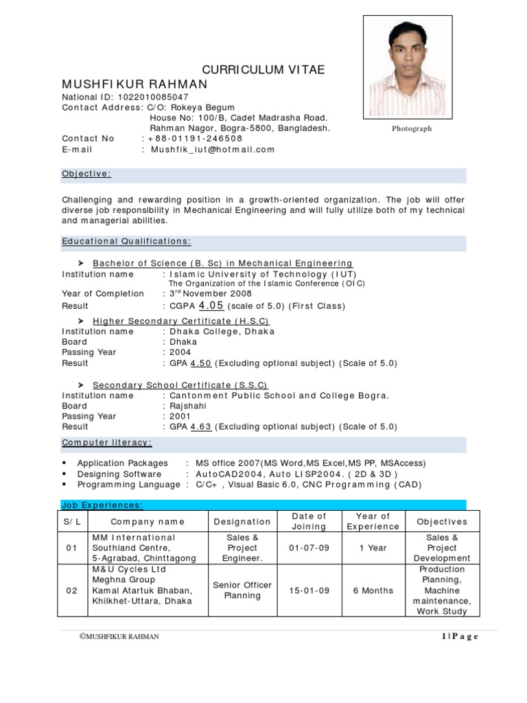 Mushfik's CV For Mechaical Engineer | PDF | Computing And Information ...