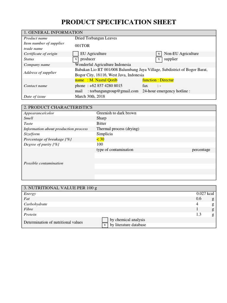 Product Specification Sheet (30 Maret 2018) | PDF | Magnesium | Shelf Life