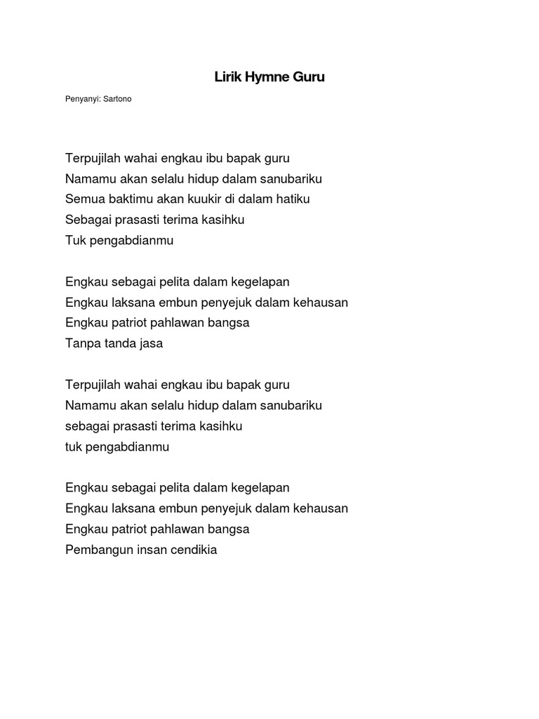 Lirik Hymne Guru Lirik Hymne Guru