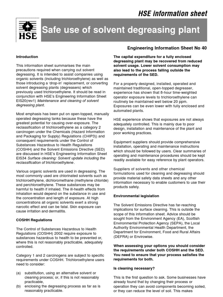 Safe Use of Solvent Degreasing Plant HSE Information Sheet PDF
