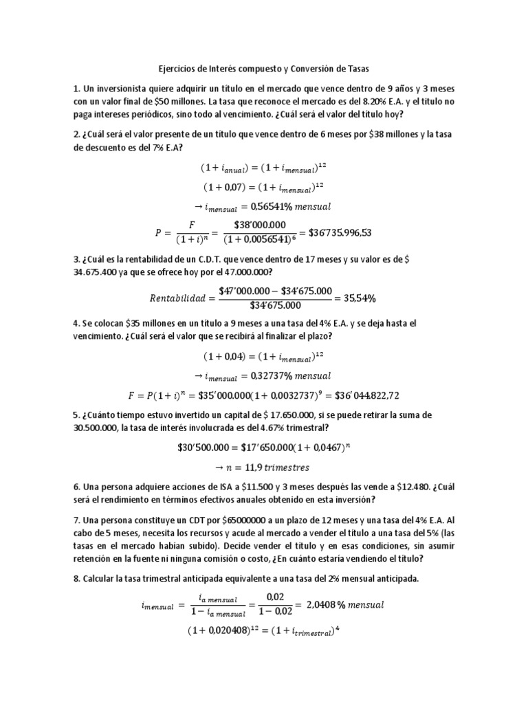 Ejercicios de Interés Compuesto y Conversión de Tasas | PDF ...