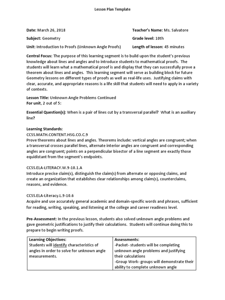 Lesson Plan 2 Angle Physics Mathematics