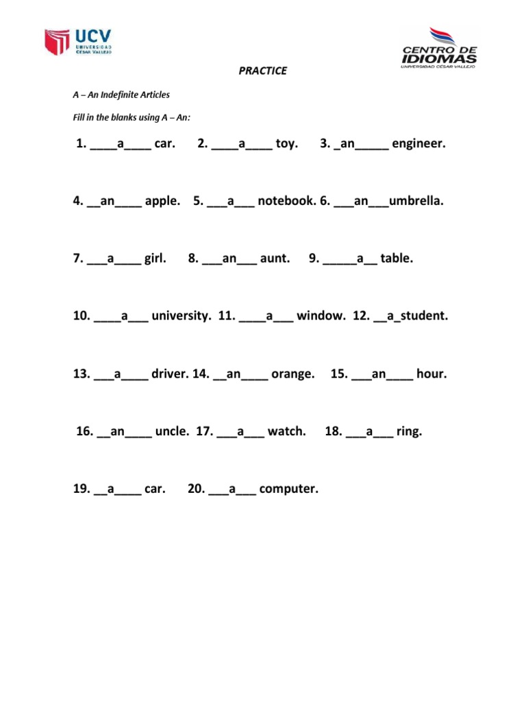 Practice: A - An Indefinite Articles Fill in The Blanks Using A - An | PDF