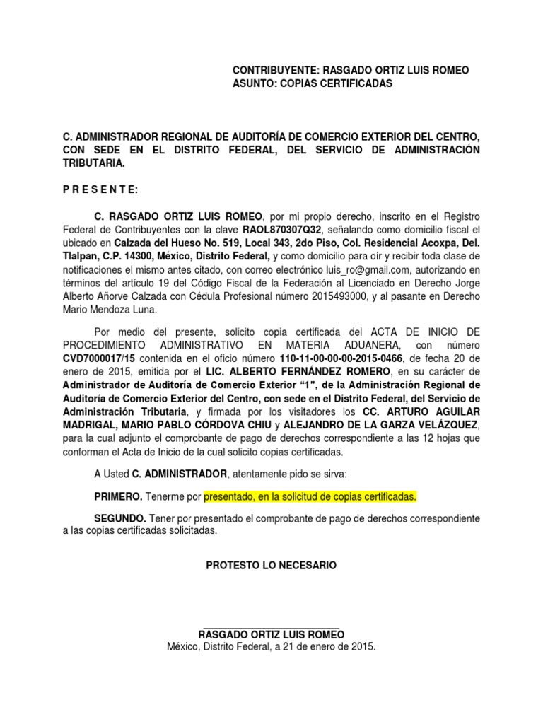 Escrito para solicitar copias certificadas Ciudad de