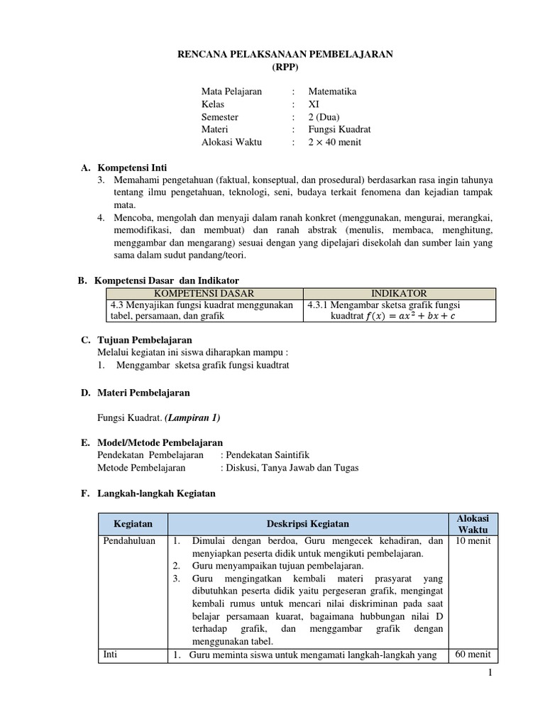 RPP Fungsi Kuadrat Kelas IX