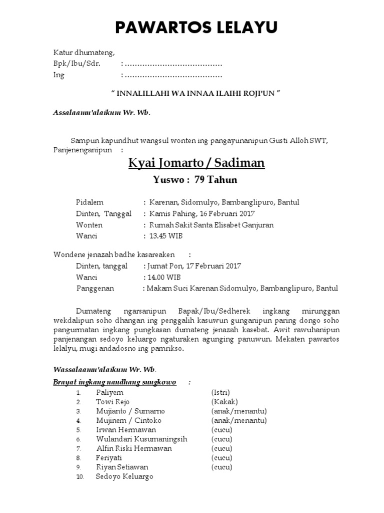 Yuk Cek 15+ Format Berita Lelayu Bahasa Jawa Doc - Contoh Surat Permohonan  Ke Dinas Pendidikan