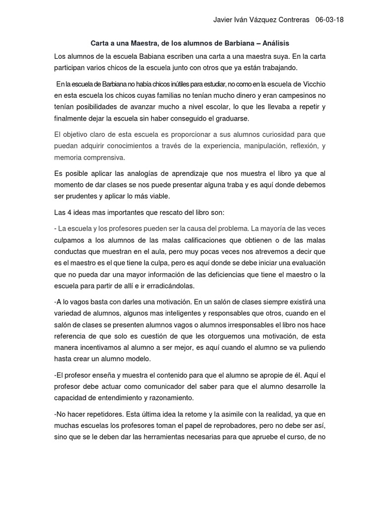 Carta a una Maestra, de los alumnos de Barbiana Análisis
