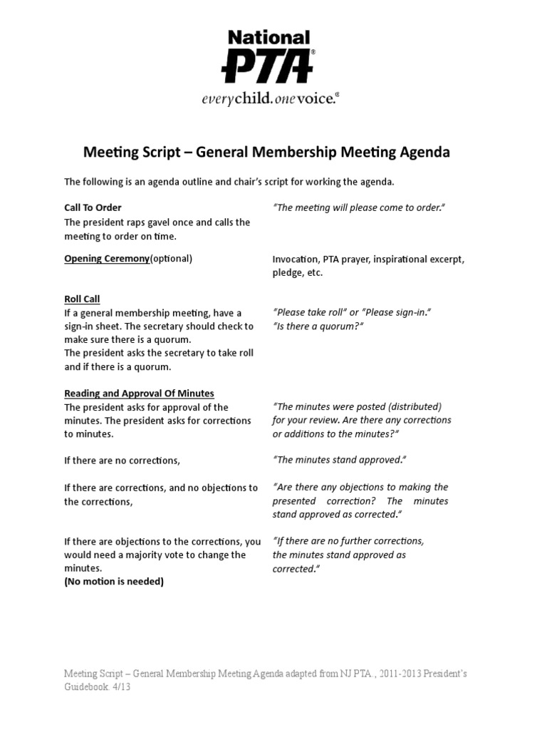 Sample Meeting Script for President | Committee | Agenda (Meeting)