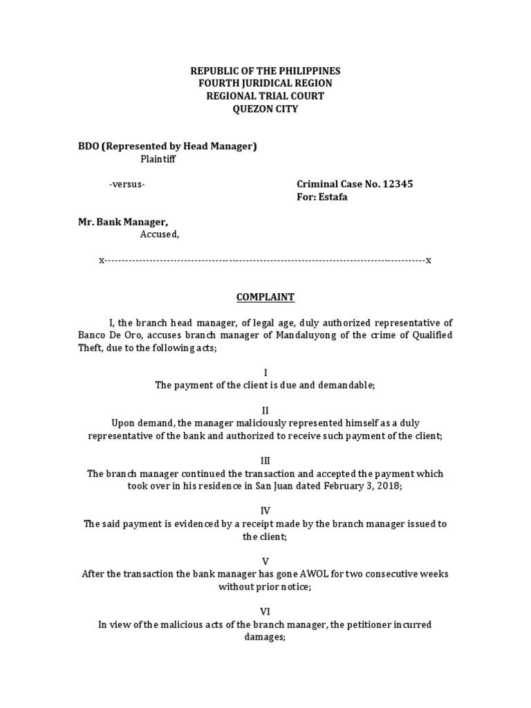 Estafa Case: BDO vs. Branch Manager | PDF | Finance & Money Management ...