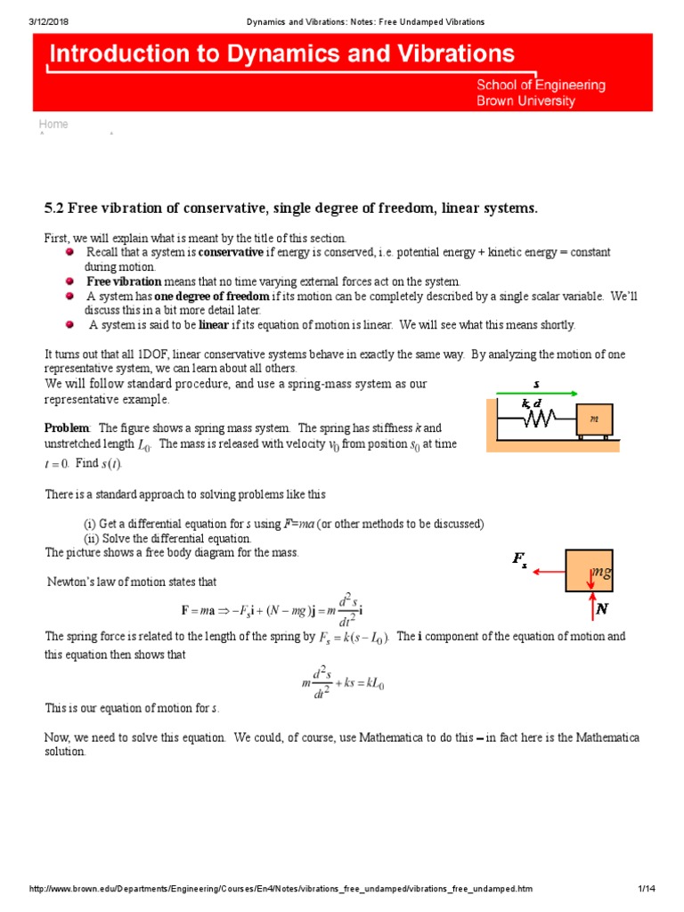 Dynamics and Vibrations Notes Free Undamped Vibrations PDF