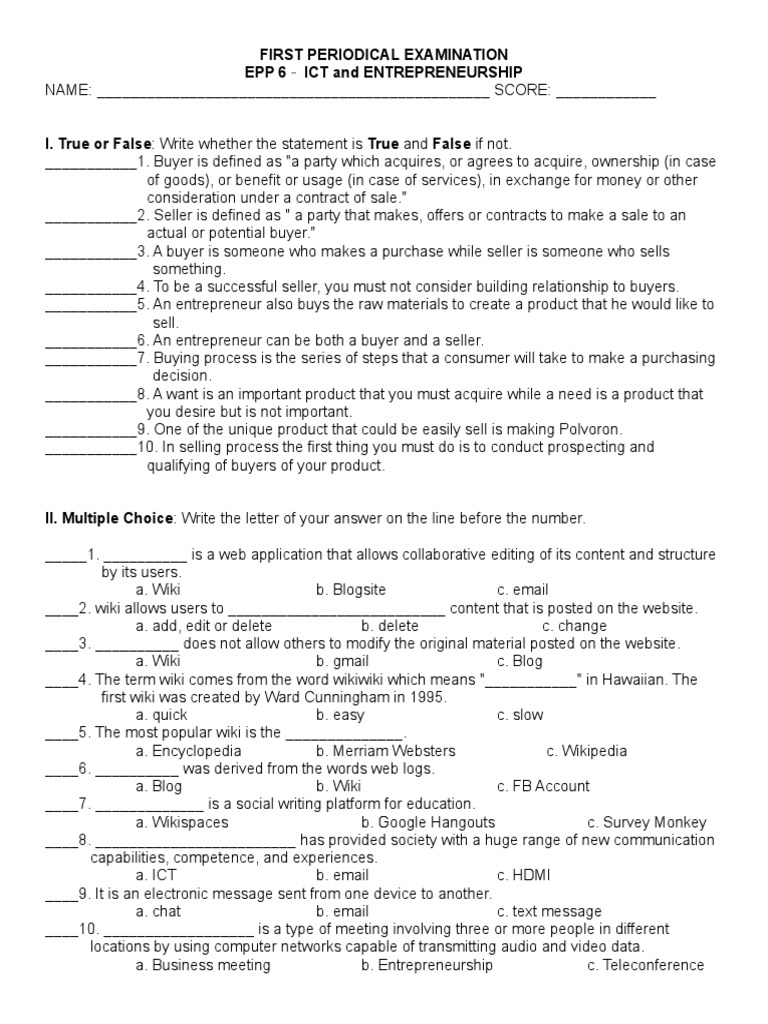 Grade 6 EPP ICT Periodical Test | PDF | Wiki | Sales