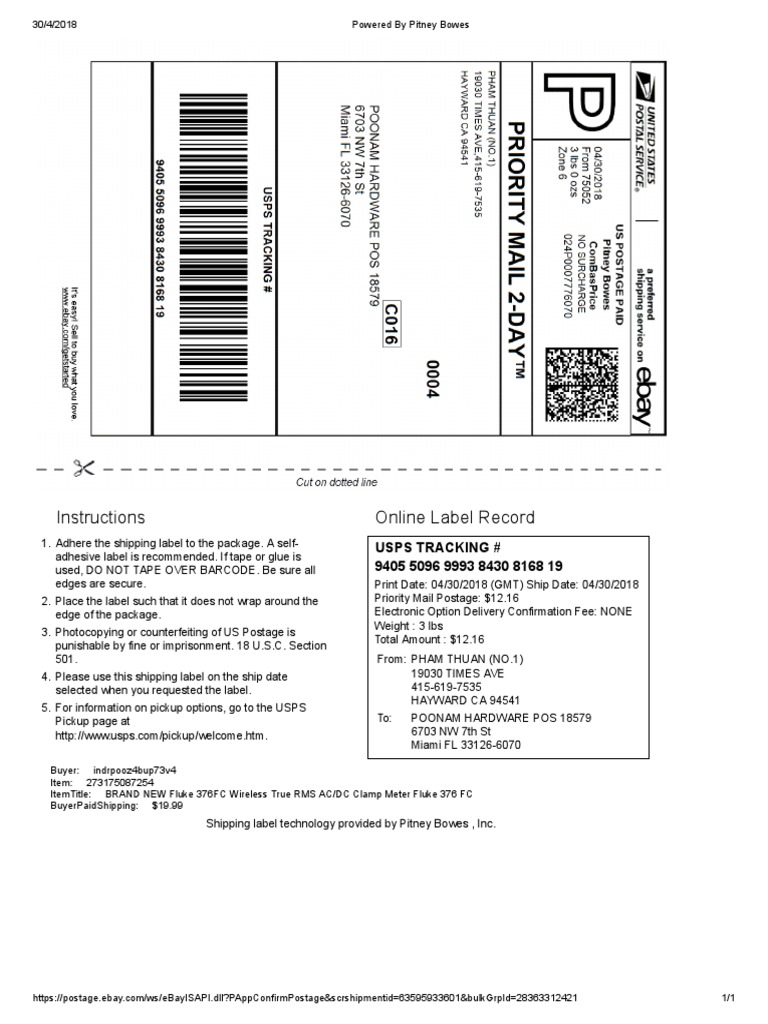 Instructions Online Label Record: Usps Tracking # 9405 5096 9993 8430 ...
