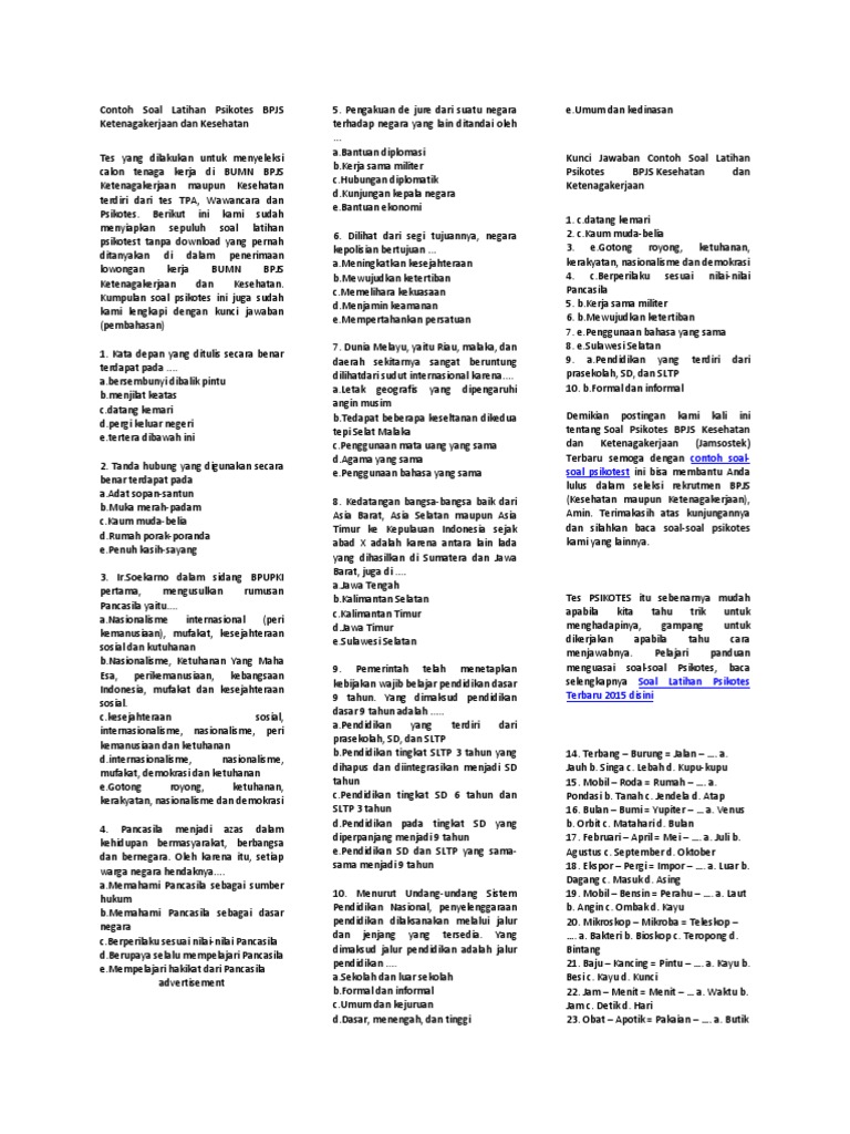 Contoh Soal Seleksi Online Bpjs Ketenagakerjaan