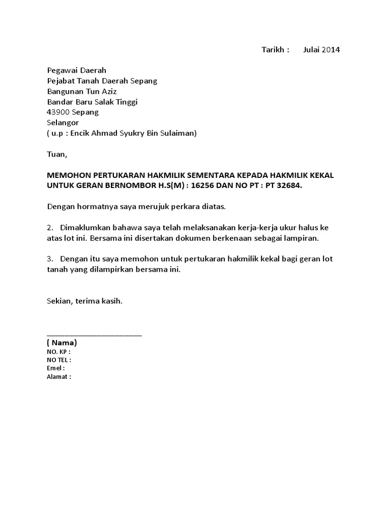 Contoh Surat Tukar Hak Milik Sementara Tanah Pdf