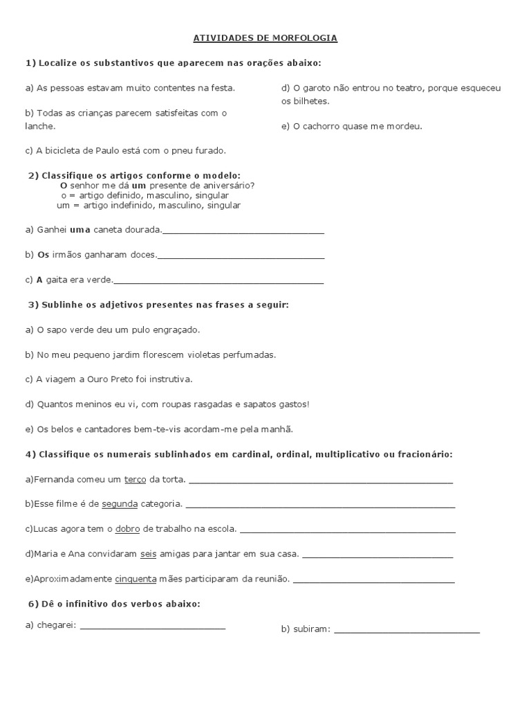 Atividades de Morfologia para 4º Ano | PDF | Tipologia linguística ...