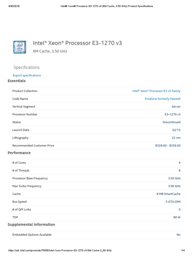 Xeon E3-1270 v3 (8M Cache, 3.50 GHZ) Specifications | PDF | Computer ...