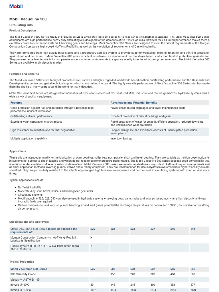 Mobil Vacuoline 500: Circulating Oils | PDF | Lubricant | Exxon Mobil