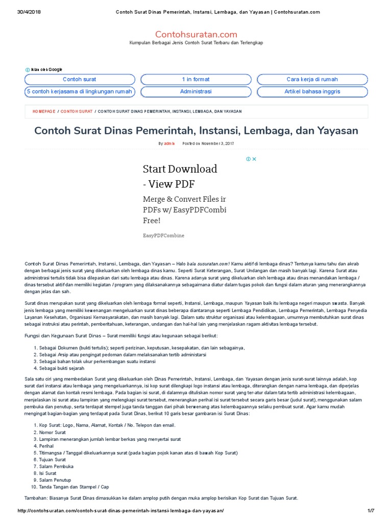 Contoh Surat Dinas Pemerintah Instansi Lembaga Dan