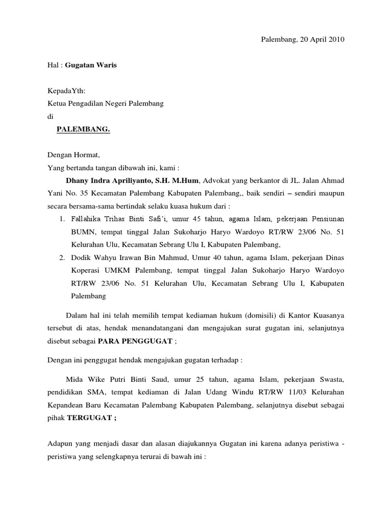 Contoh Gugatan Waris Pa