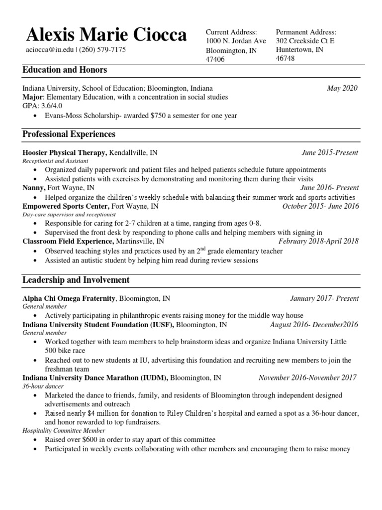 Resume Finished | PDF | Indiana University Bloomington | Behavior ...