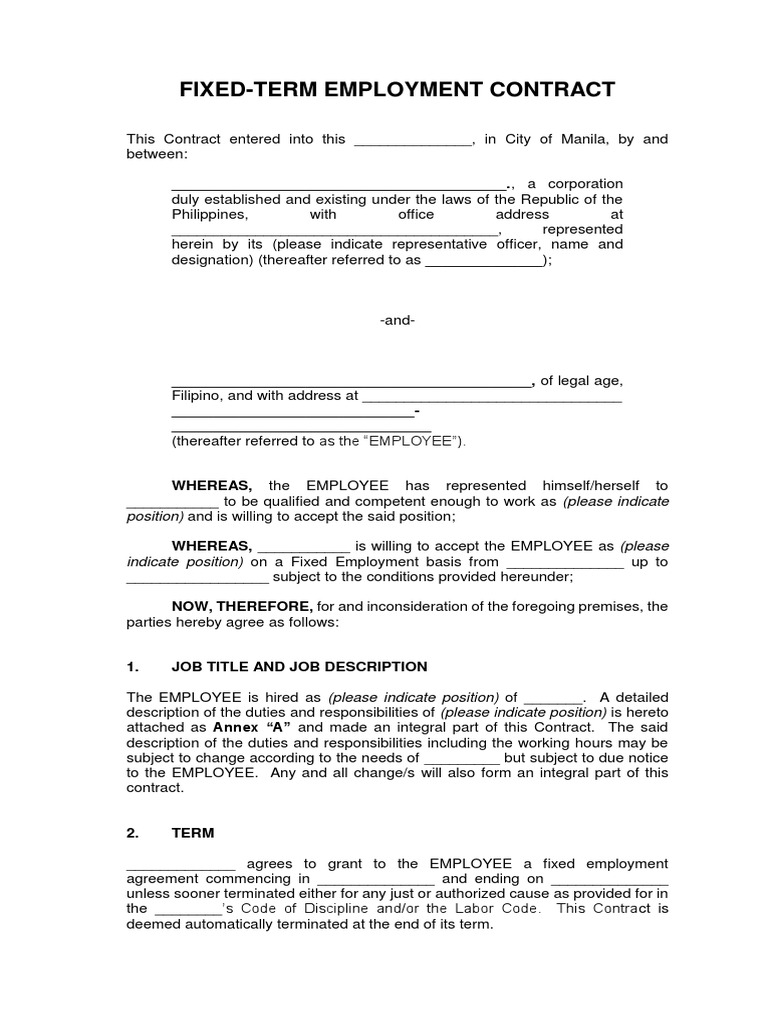 Fixed-Term Employment Contract Template | PDF | Employment | Crime ...