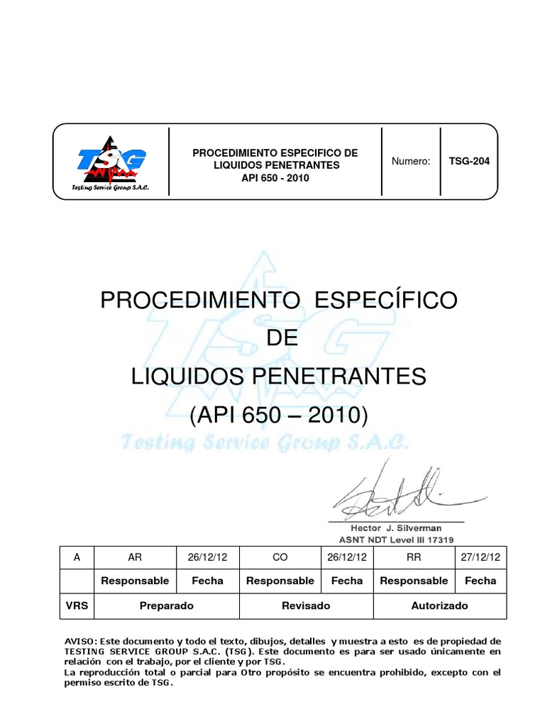 TSG 204 Procedimiento Especifico de Liquidos Penetrantes API 650-2010 ...