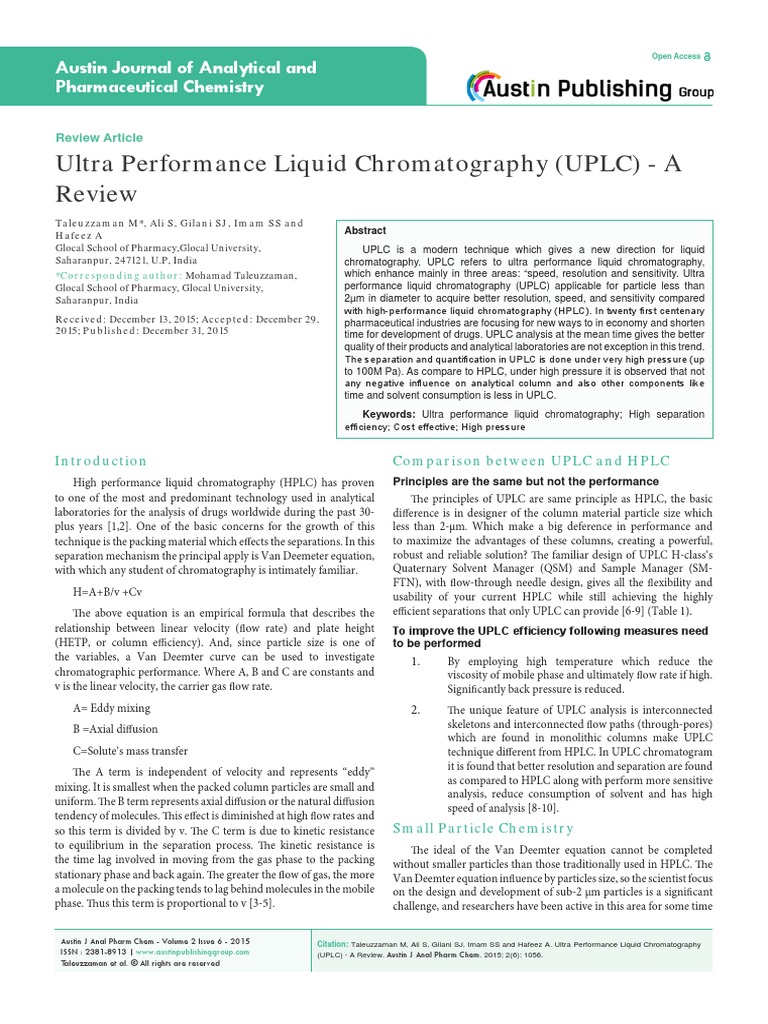Ultra Performance Liquid Chromatography (UPLC) - A Review: Austin ...