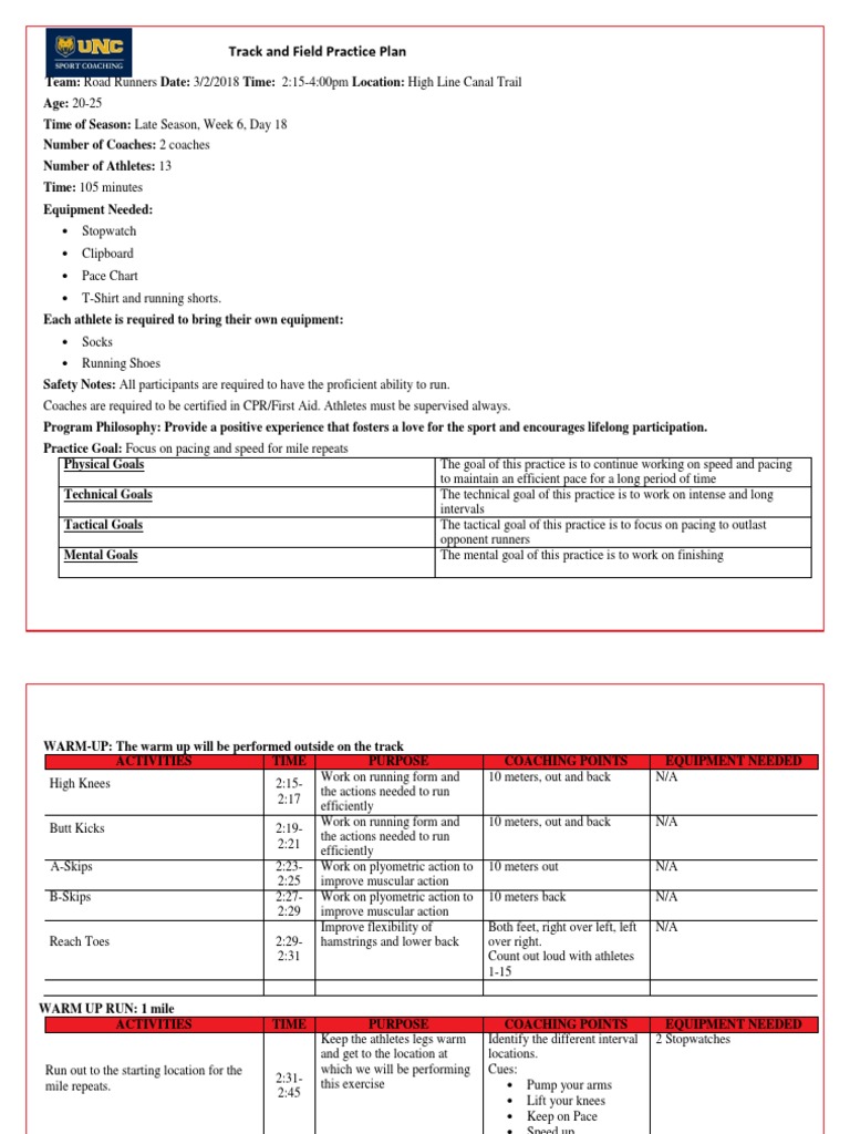 Track and Field Practice Plan PDF Track And Field Running