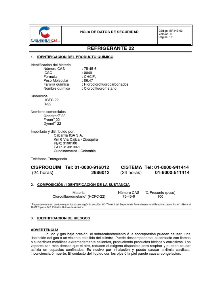 Refrigerante 22 Hoja De Datos De Seguridad Oxígeno Agua