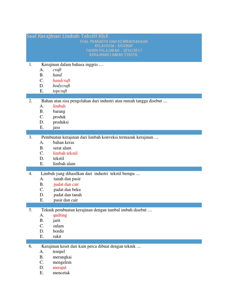 Soal Kerajinan Limbah Tekstil Klsx