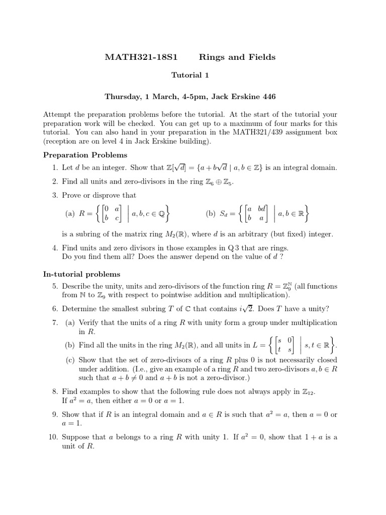 MATH321 Rings and Fields Tutorial 1 | PDF | Ring (Mathematics) | Integer