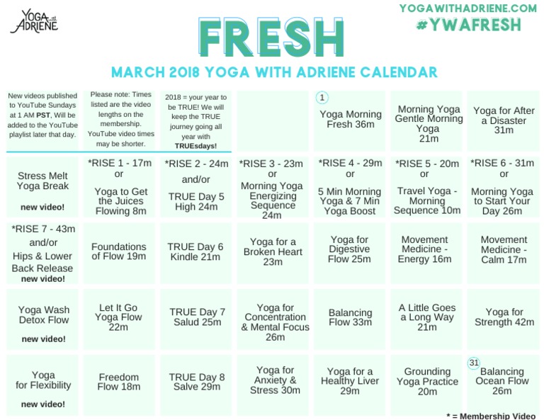 March 2018 Yoga with Adriene Calendar 2018 Your Year to Be TRUE