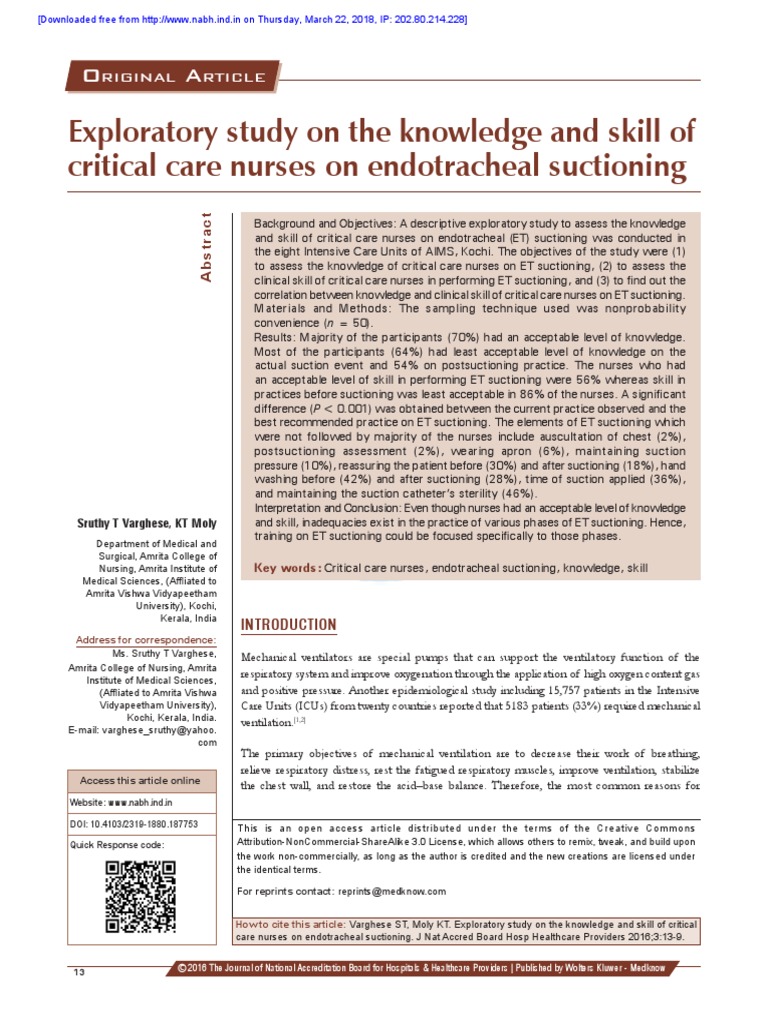 Knowledge Skill On Endotracheal Suctioning 2016 | PDF | Intensive Care ...