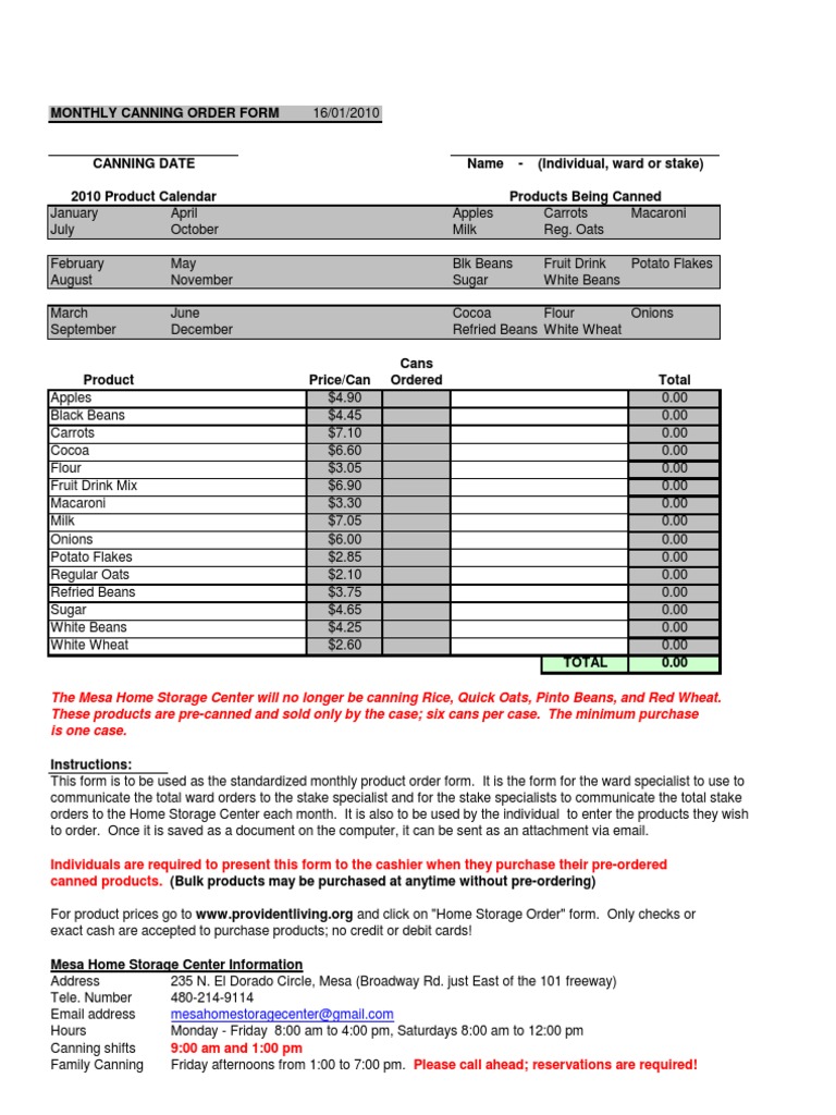 Monthly Canning Order Form 2010 | PDF