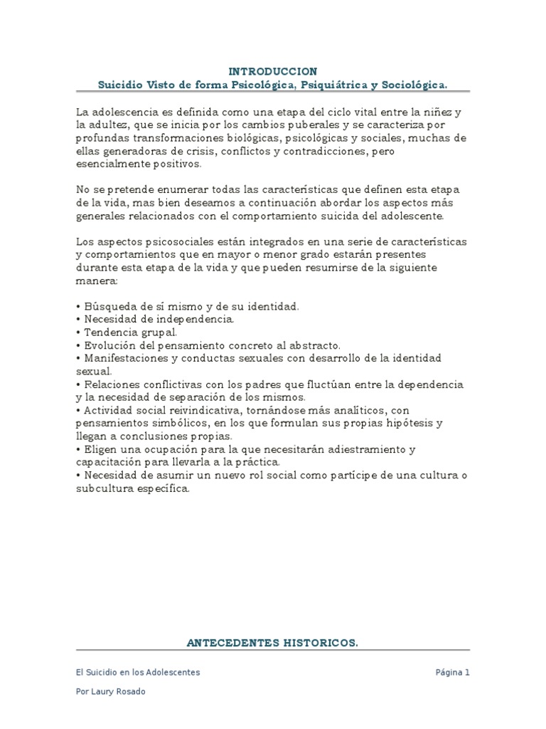 El Suicidio en La Adolescencia | PDF | Suicidio | Adolescencia