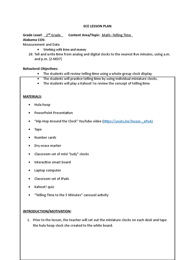 2nd Grade Math Lesson: Telling Time | PDF | Individualized Education ...