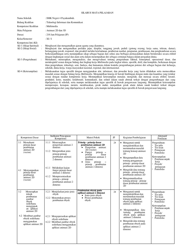 Silabus Animasi 2D Dan 3D Semester 1 Silabus Animasi 2D Dan 3D Semester 1