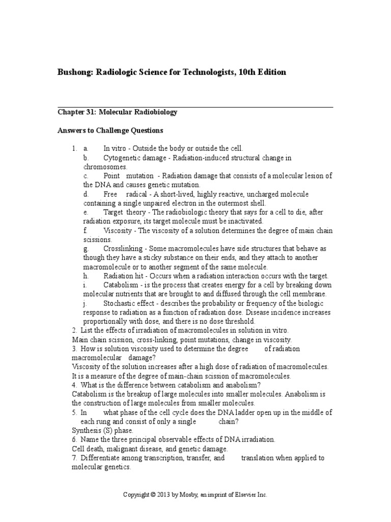 Bushong Chapter 31 Challenge Questions Answers PDF Cell (Biology